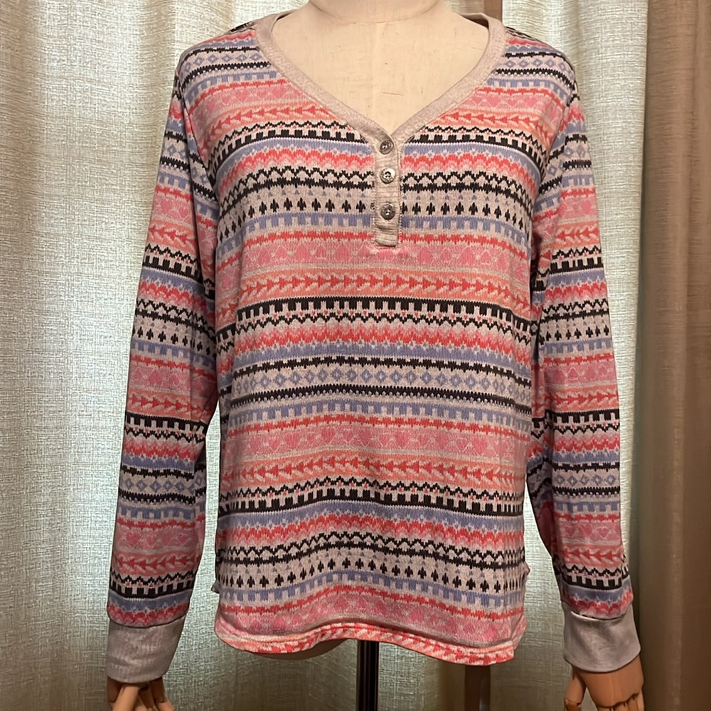 Cuddl Duds Womens Medium (10-12) Knit Long Sleeve Shirt Multicolored Pink Cream